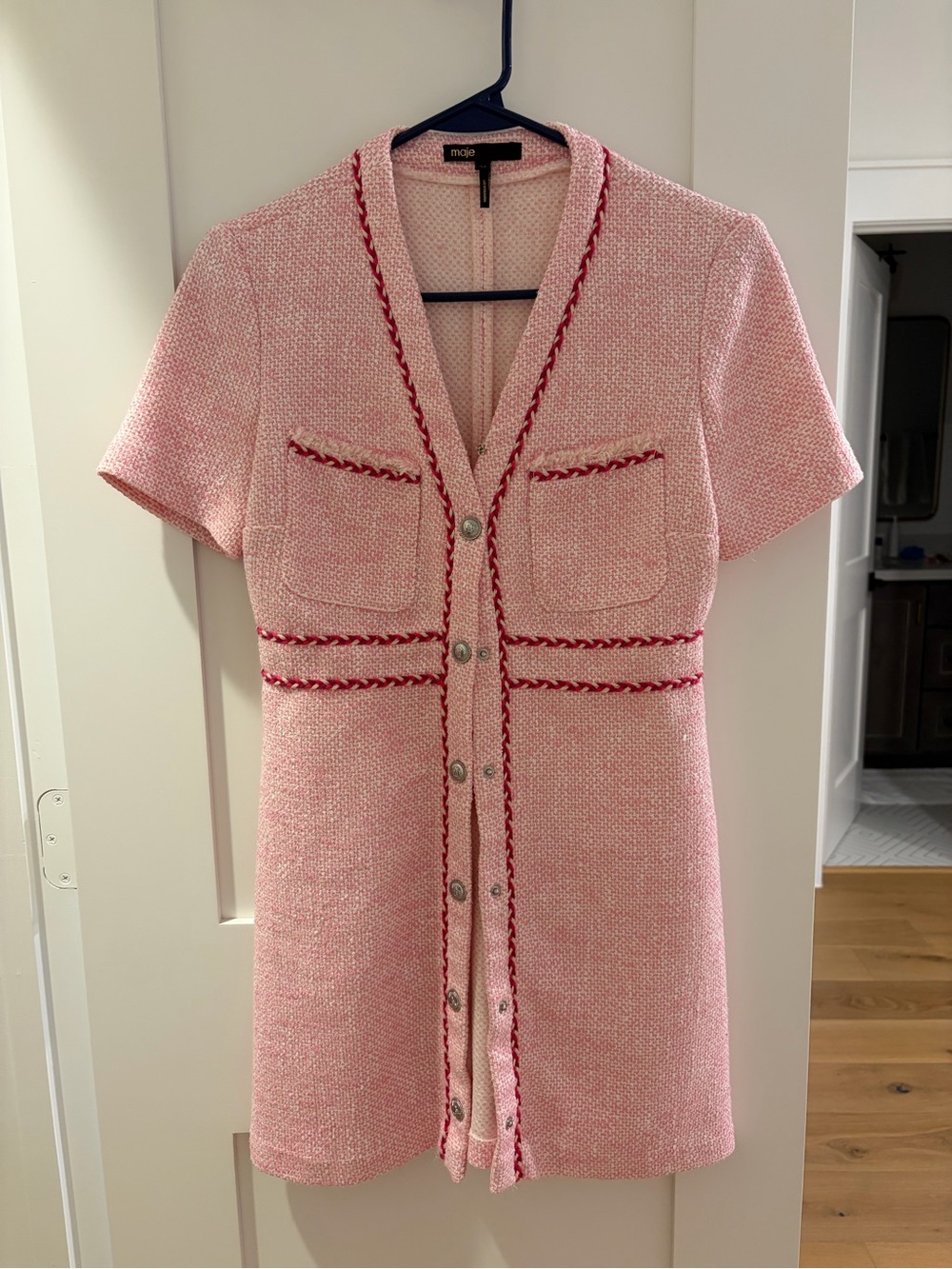 Maje Pink Tweed Short Sleeve Button Dress with Red Braid Trim